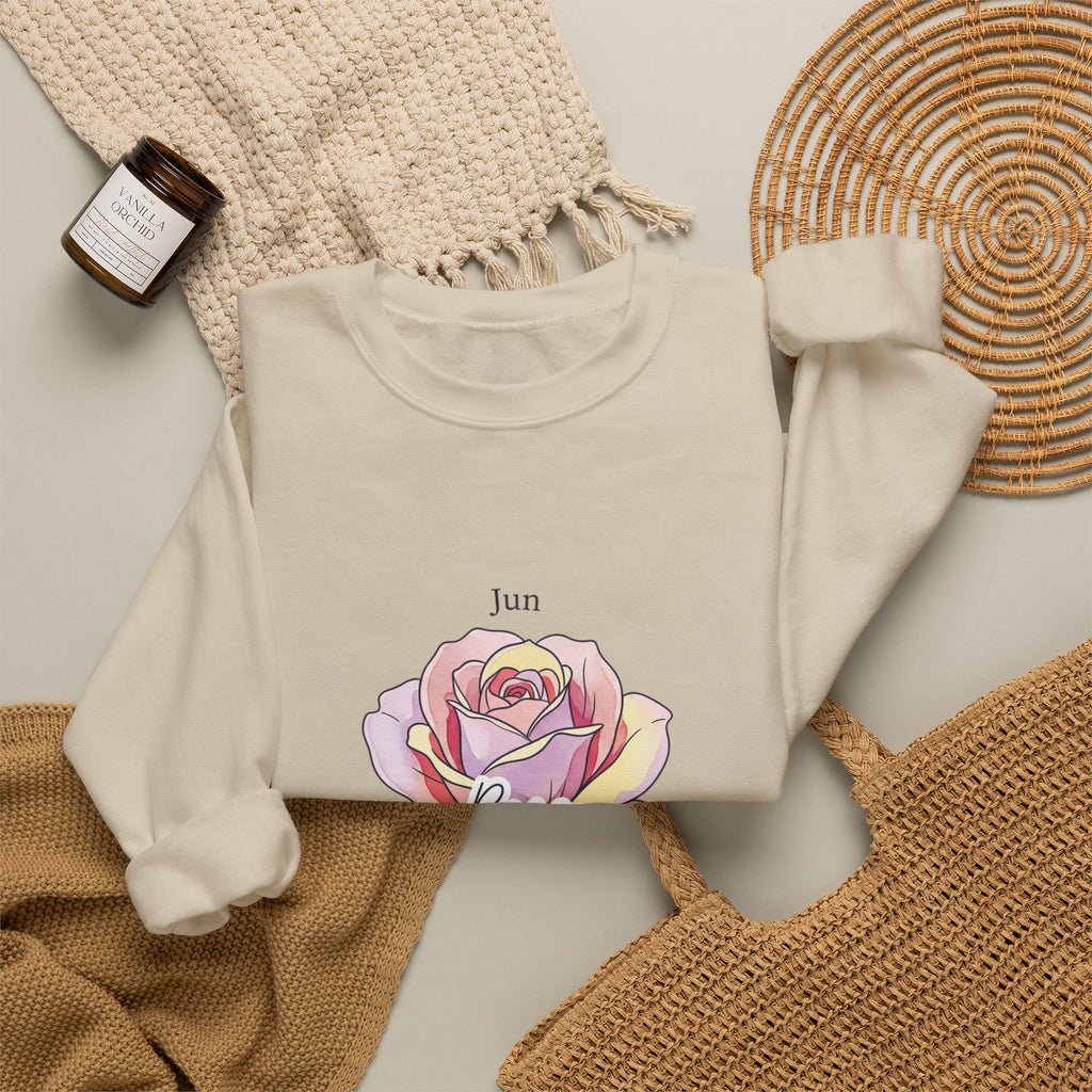 June Rose Birth Month Crewneck, Botanical Watercolor, Personalized Name