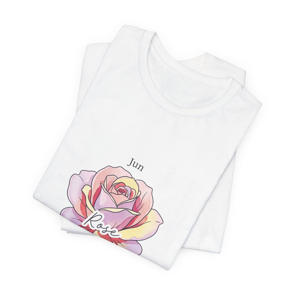 June Rose Birth Flower Tee | Botanical Watercolor, Personalized Name