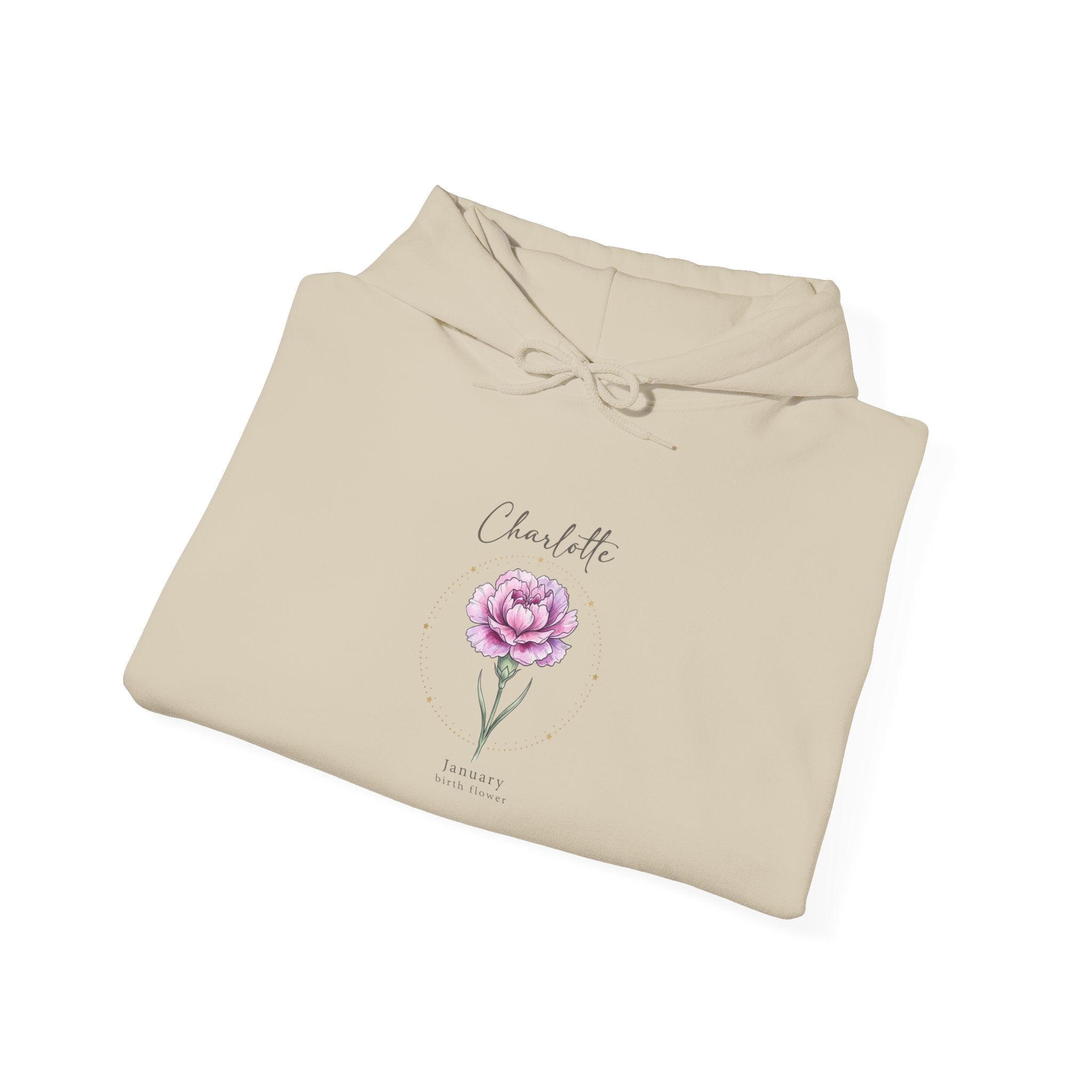 June Carnation Birth Flower Hoodie | Botanical Watercolor, Personalized Name