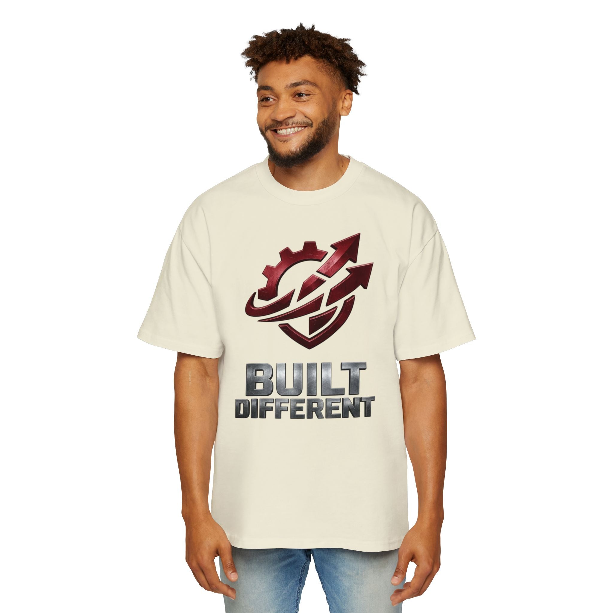 Built Different Metallic Red Logo Tee — Men's Oversized Shirt