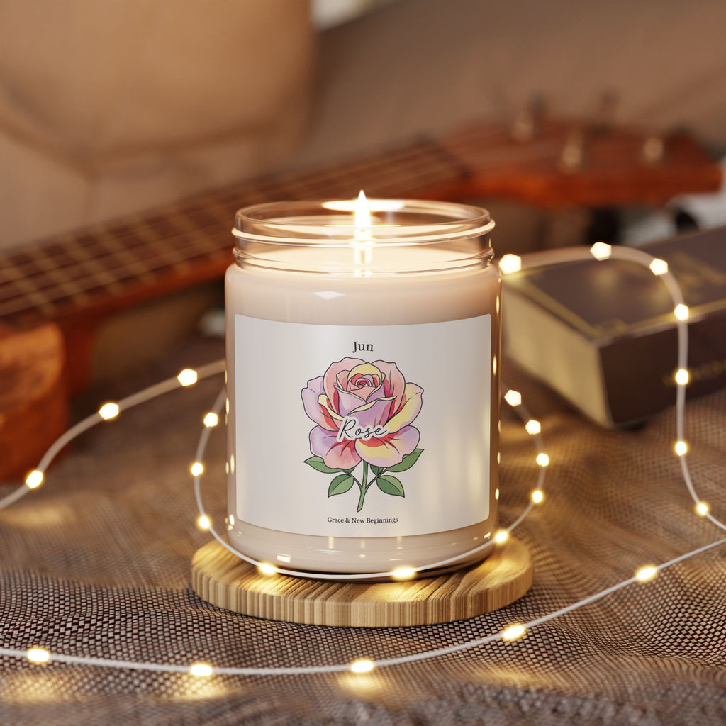 June Birth Flower Rose Soy Candle, Personalized Botanical, Watercolor Label