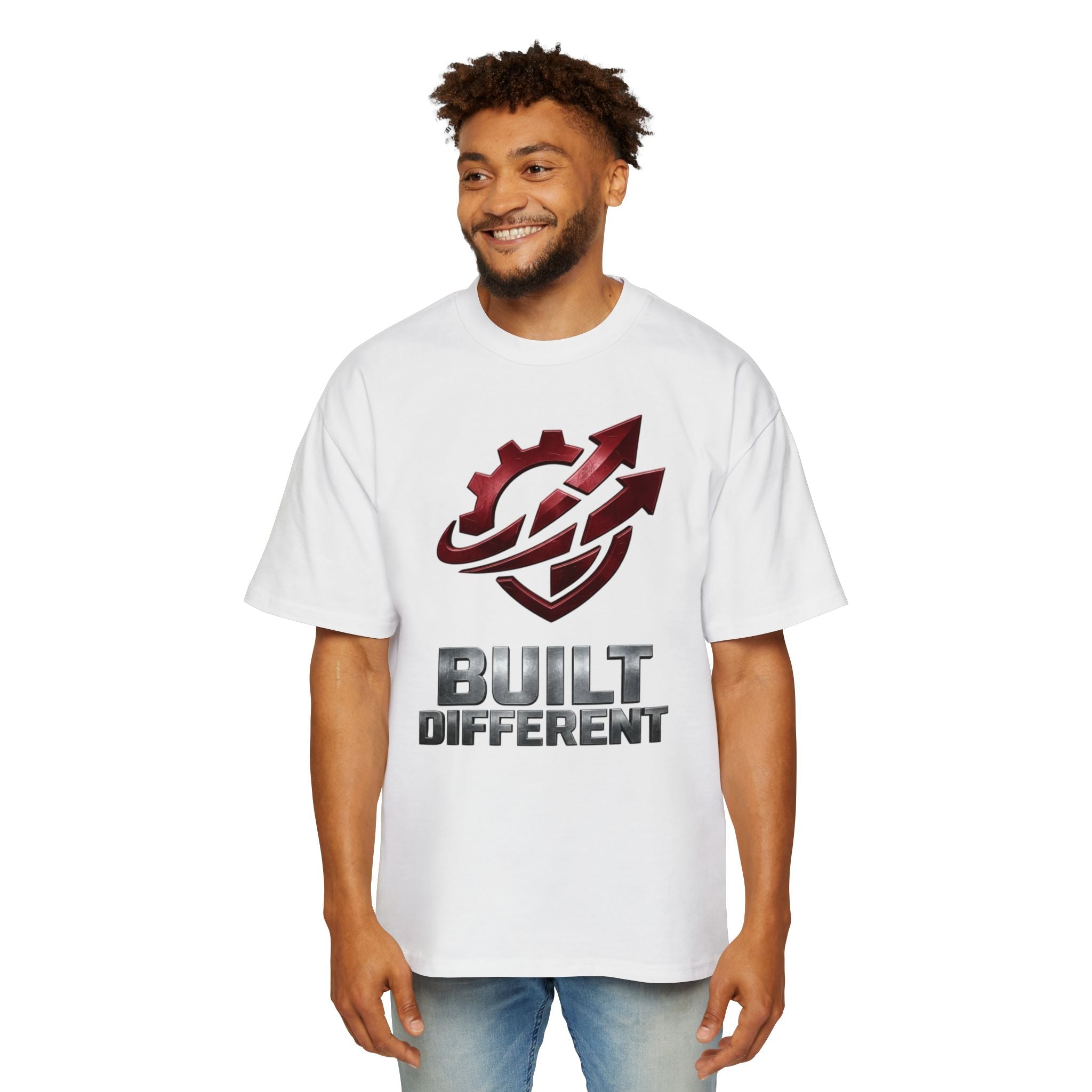 Built Different Metallic Red Logo Tee — Men's Oversized Shirt