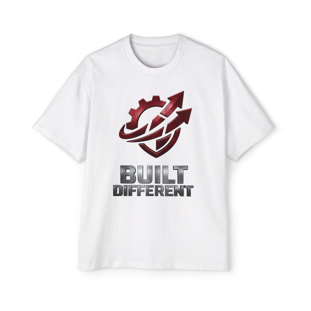 Built Different Metallic Red Logo Tee — Men's Oversized Shirt