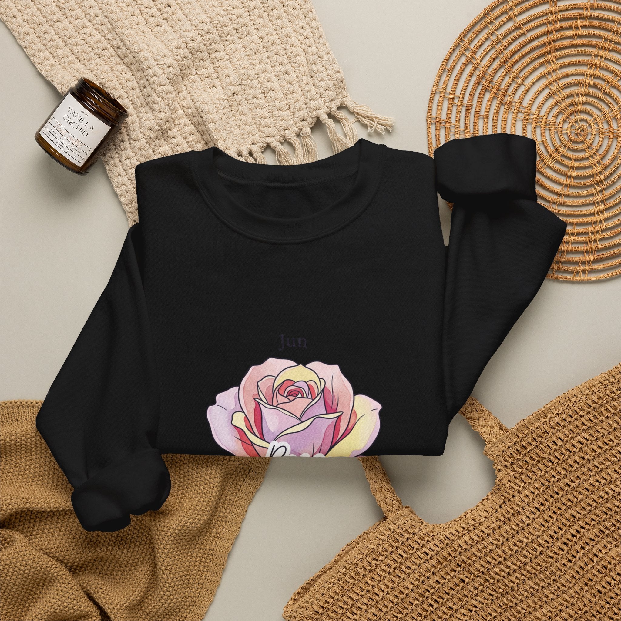 June Rose Birth Month Crewneck, Botanical Watercolor, Personalized Name