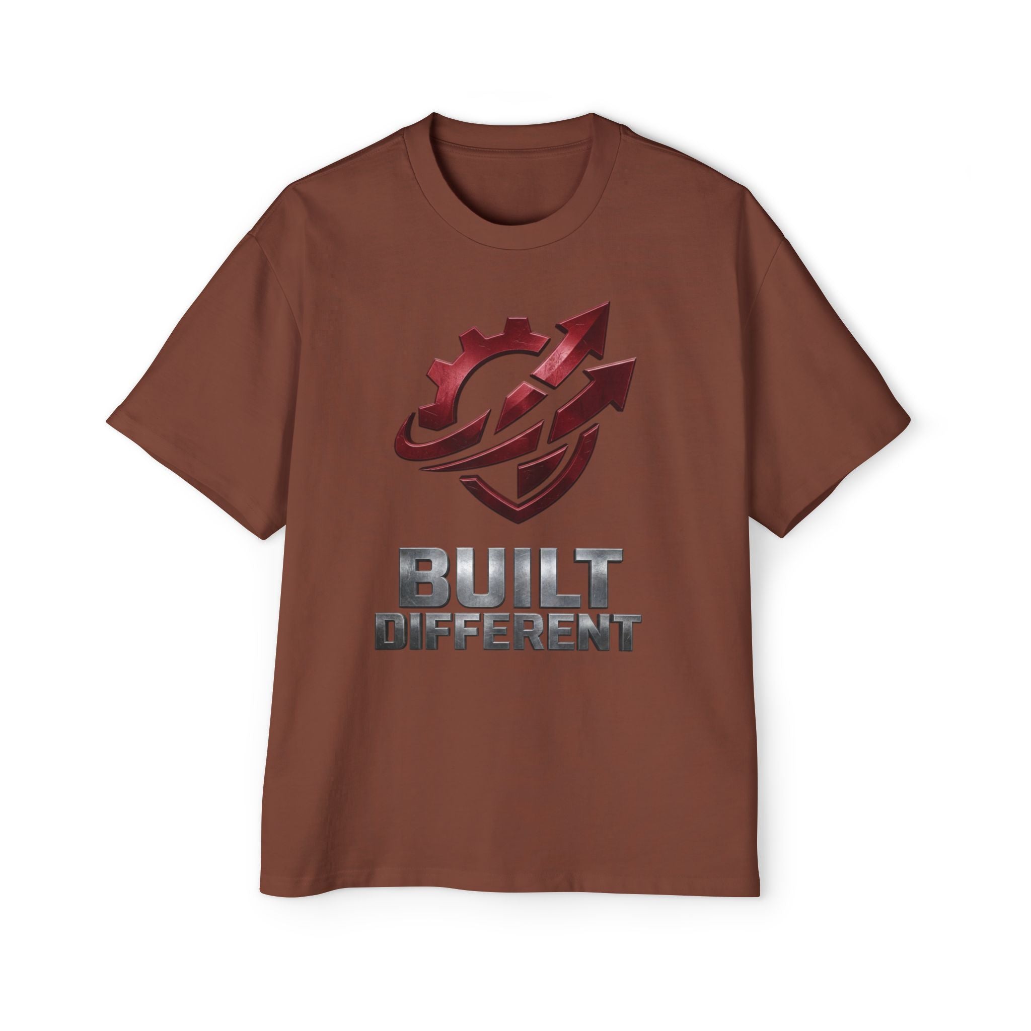 Built Different Metallic Red Logo Tee — Men's Oversized Shirt