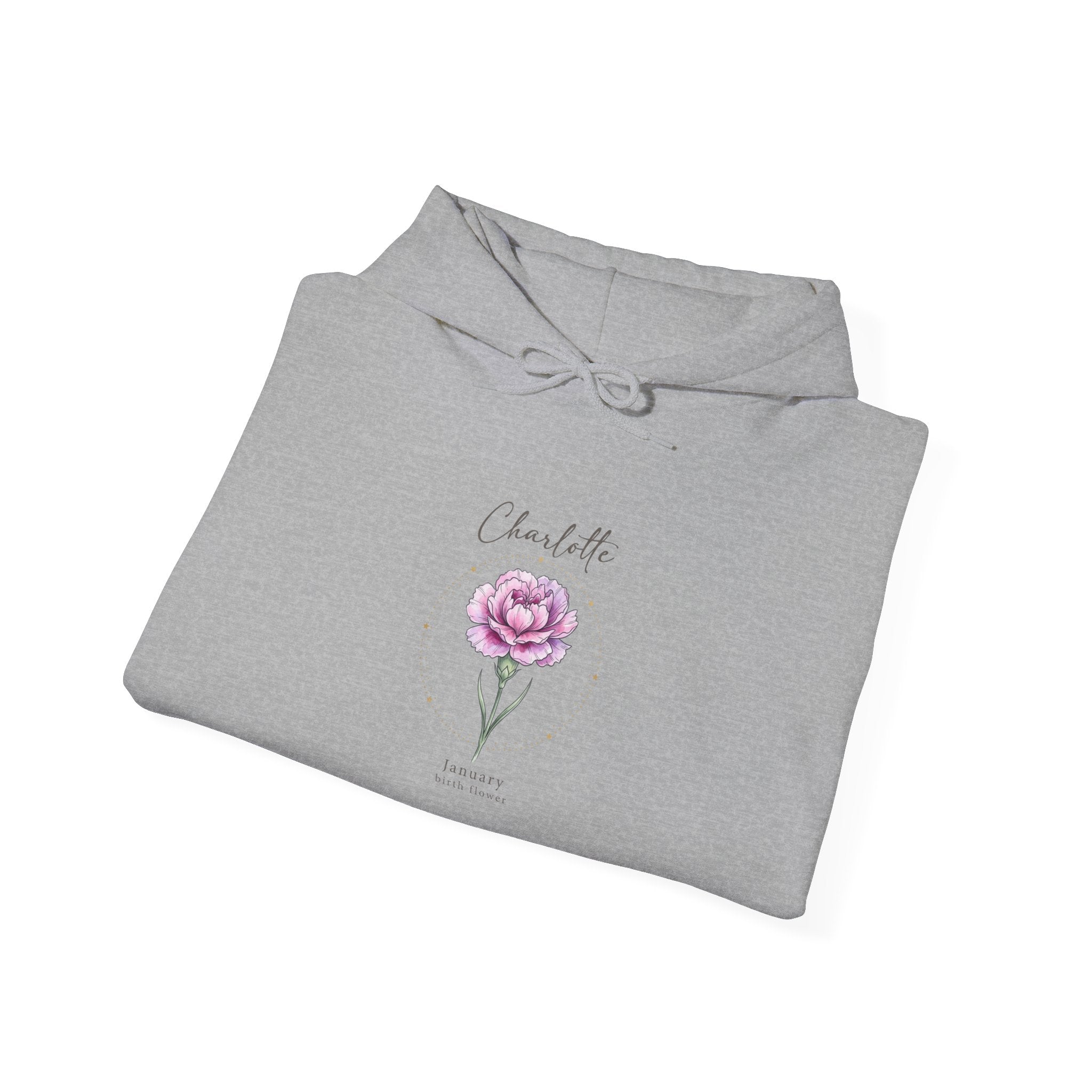 June Carnation Birth Flower Hoodie | Botanical Watercolor, Personalized Name