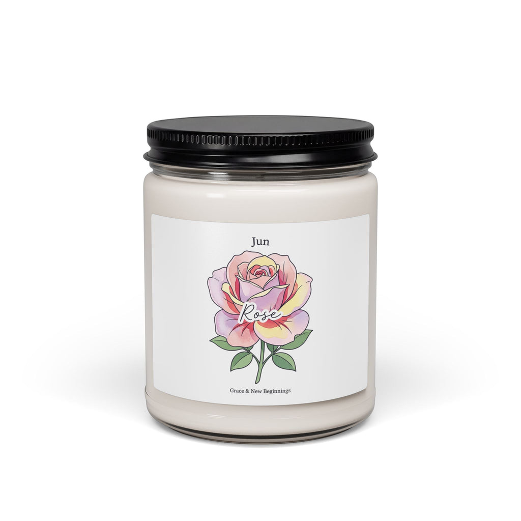 June Birth Flower Rose Soy Candle, Personalized Botanical, Watercolor Label