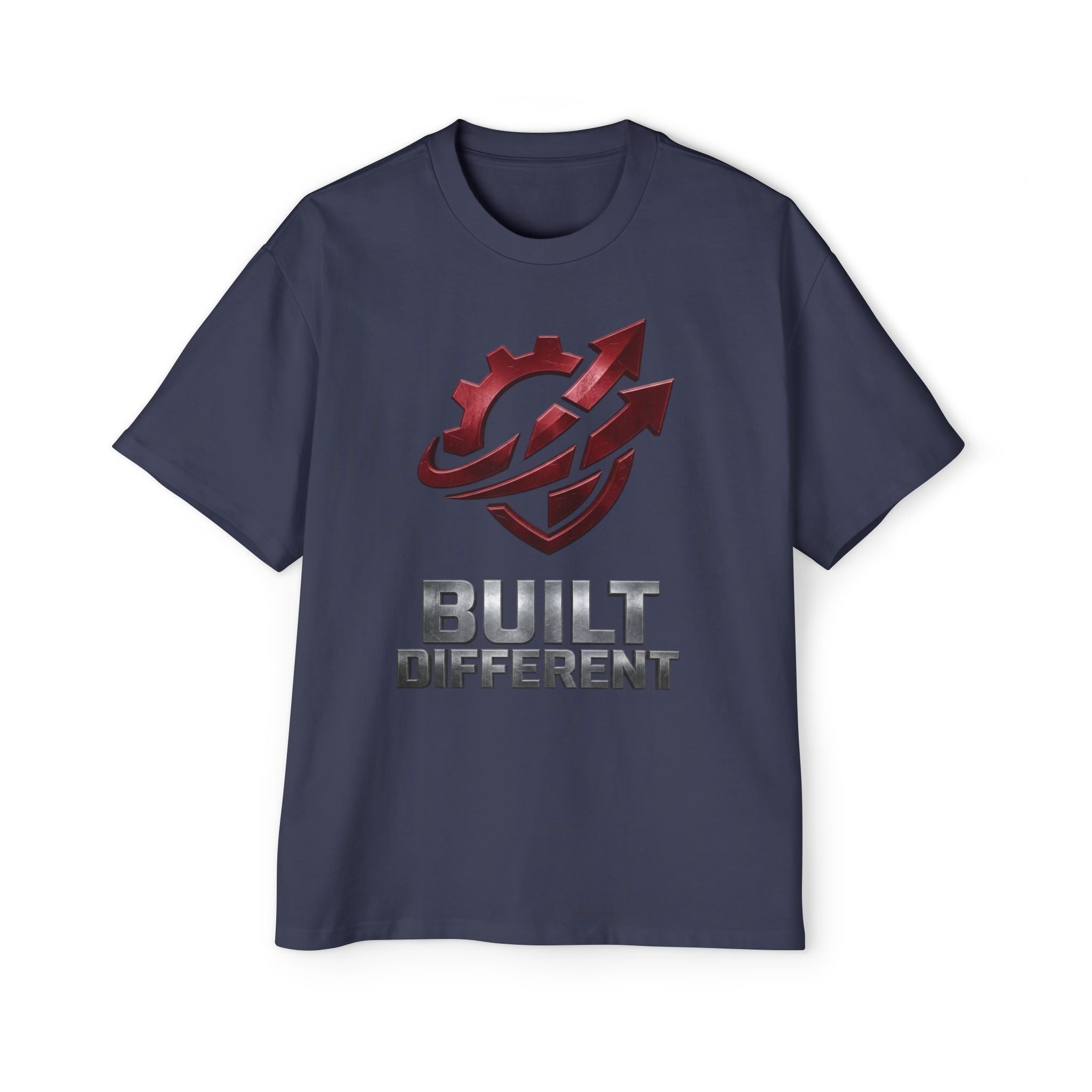 Built Different Metallic Red Logo Tee — Men's Oversized Shirt