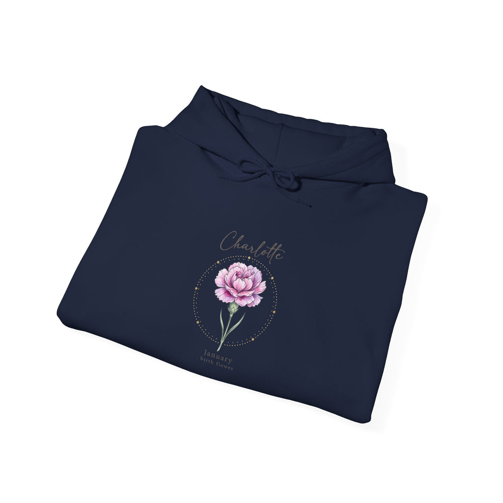 June Carnation Birth Flower Hoodie | Botanical Watercolor, Personalized Name