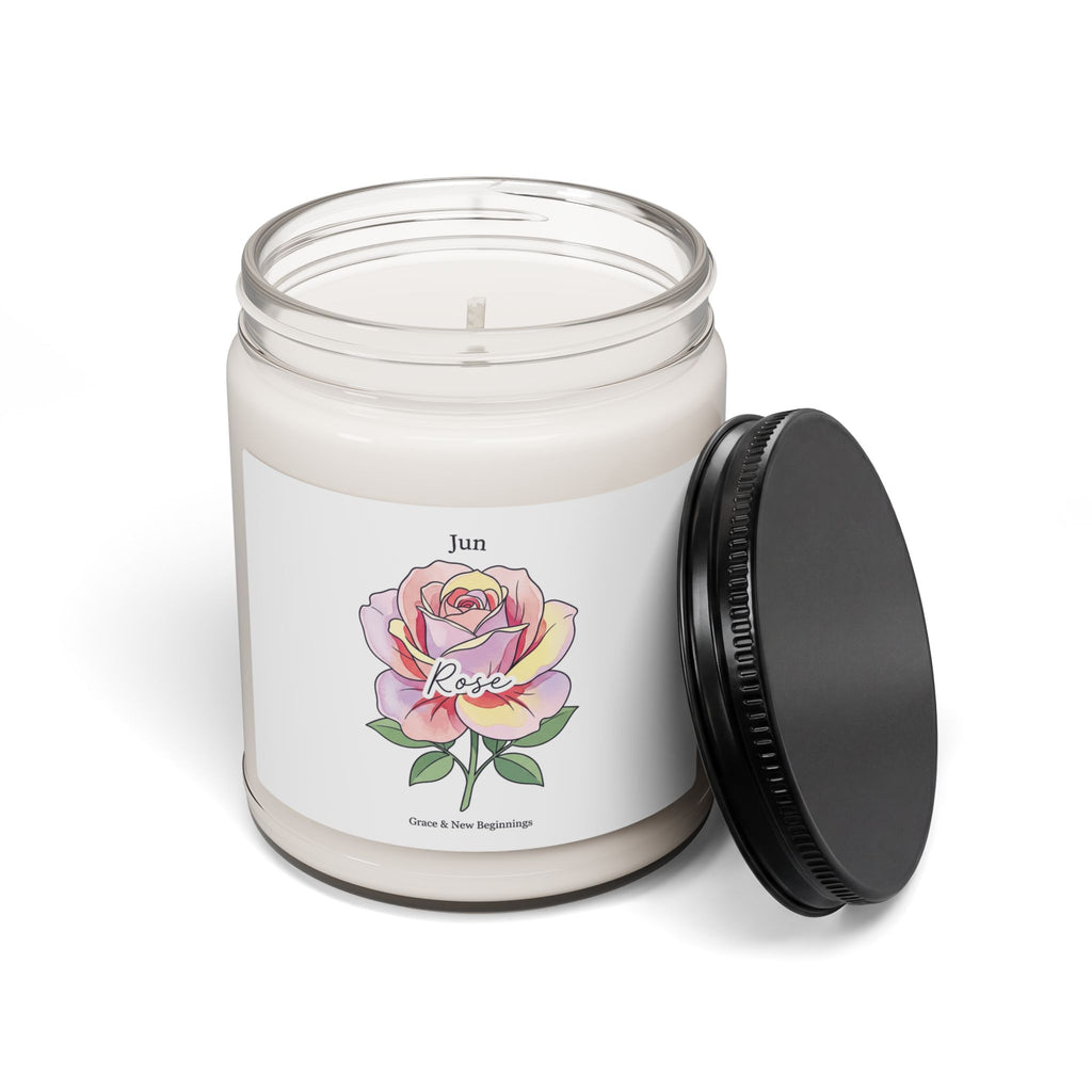 June Birth Flower Rose Soy Candle, Personalized Botanical, Watercolor Label