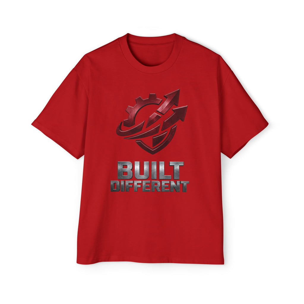 Built Different Metallic Red Logo Tee — Men's Oversized Shirt