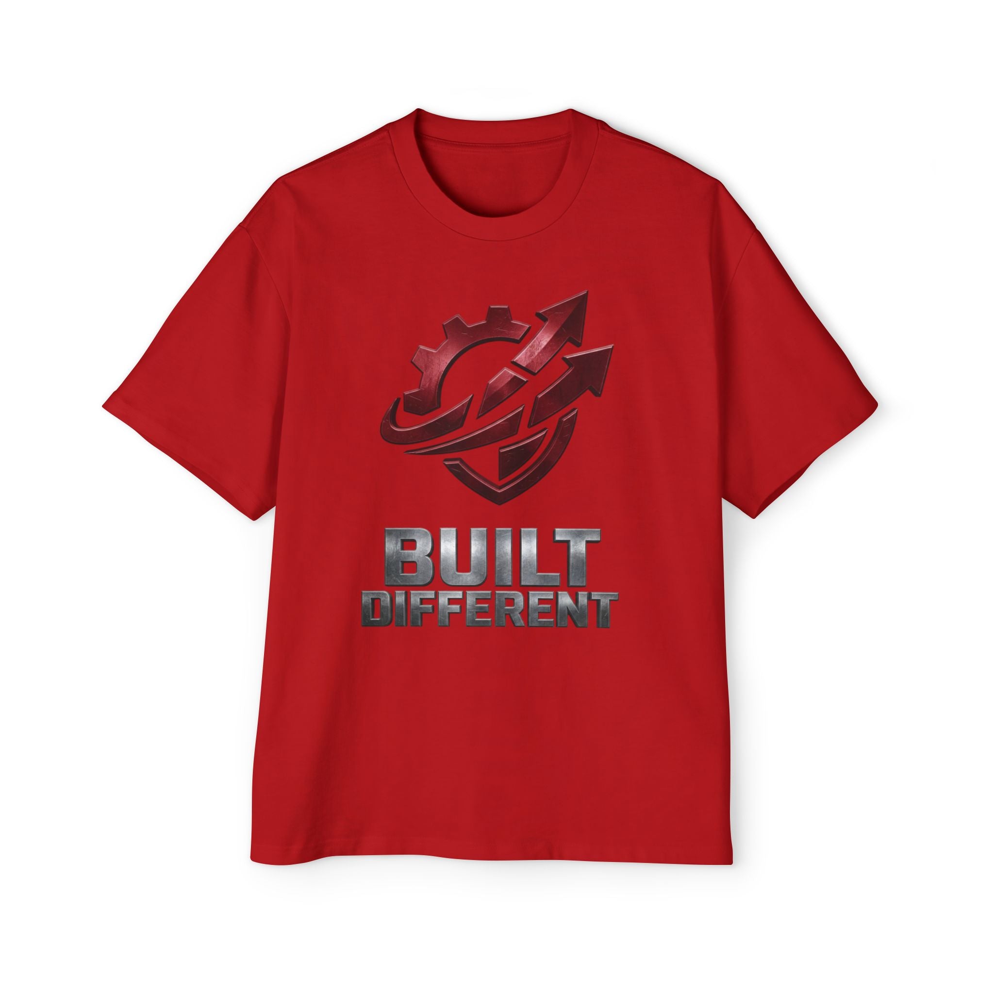 Built Different Metallic Red Logo Tee — Men's Oversized Shirt