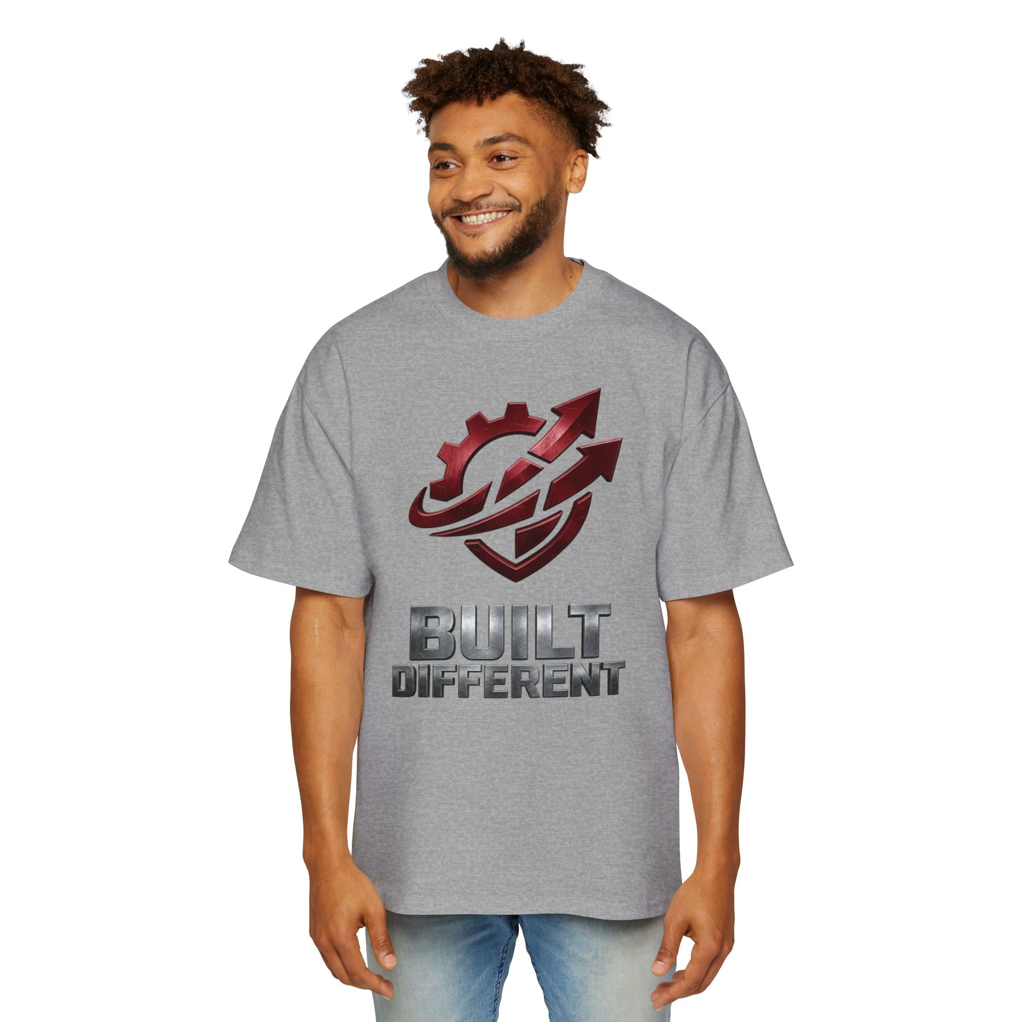 Built Different Metallic Red Logo Tee — Men's Oversized Shirt
