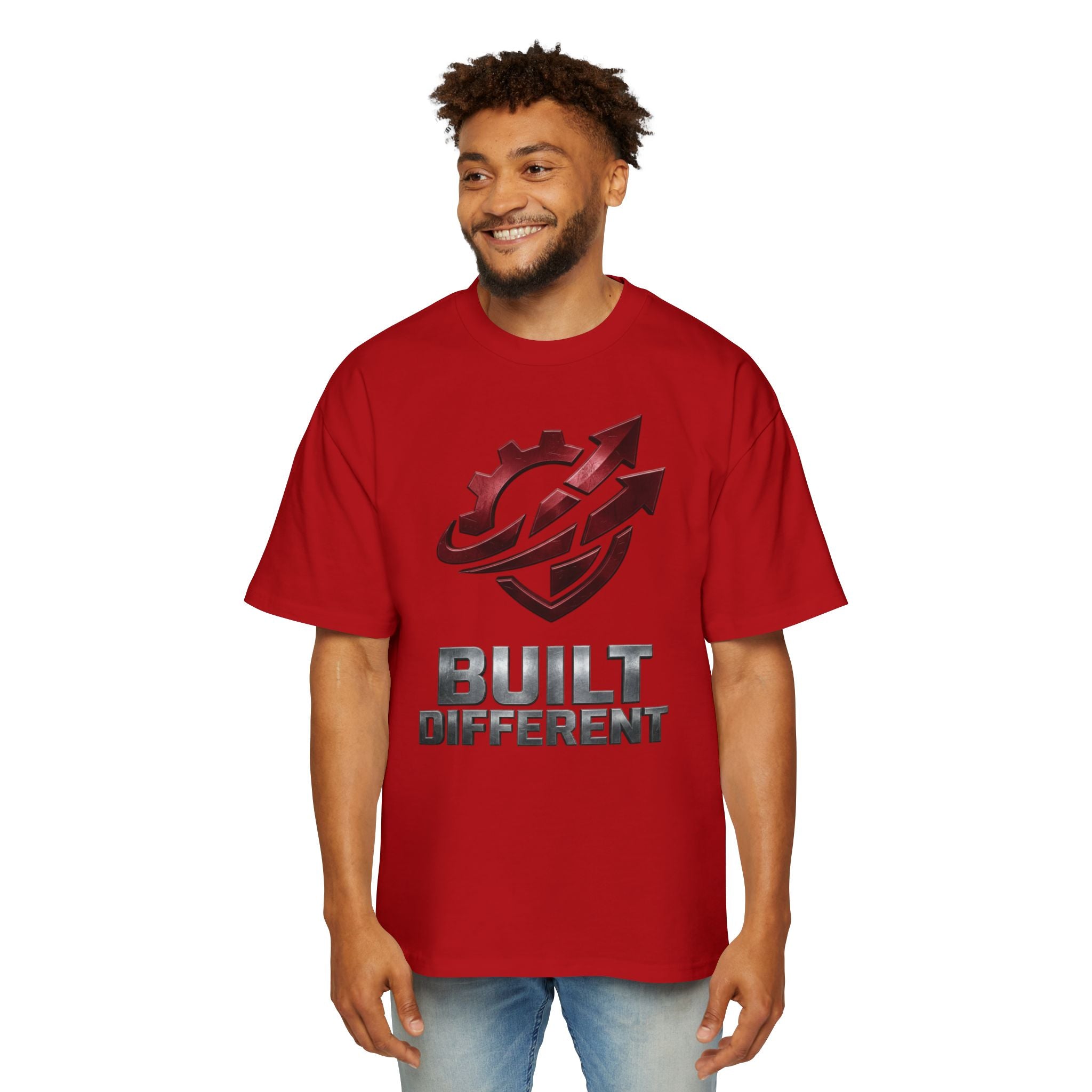 Built Different Metallic Red Logo Tee — Men's Oversized Shirt