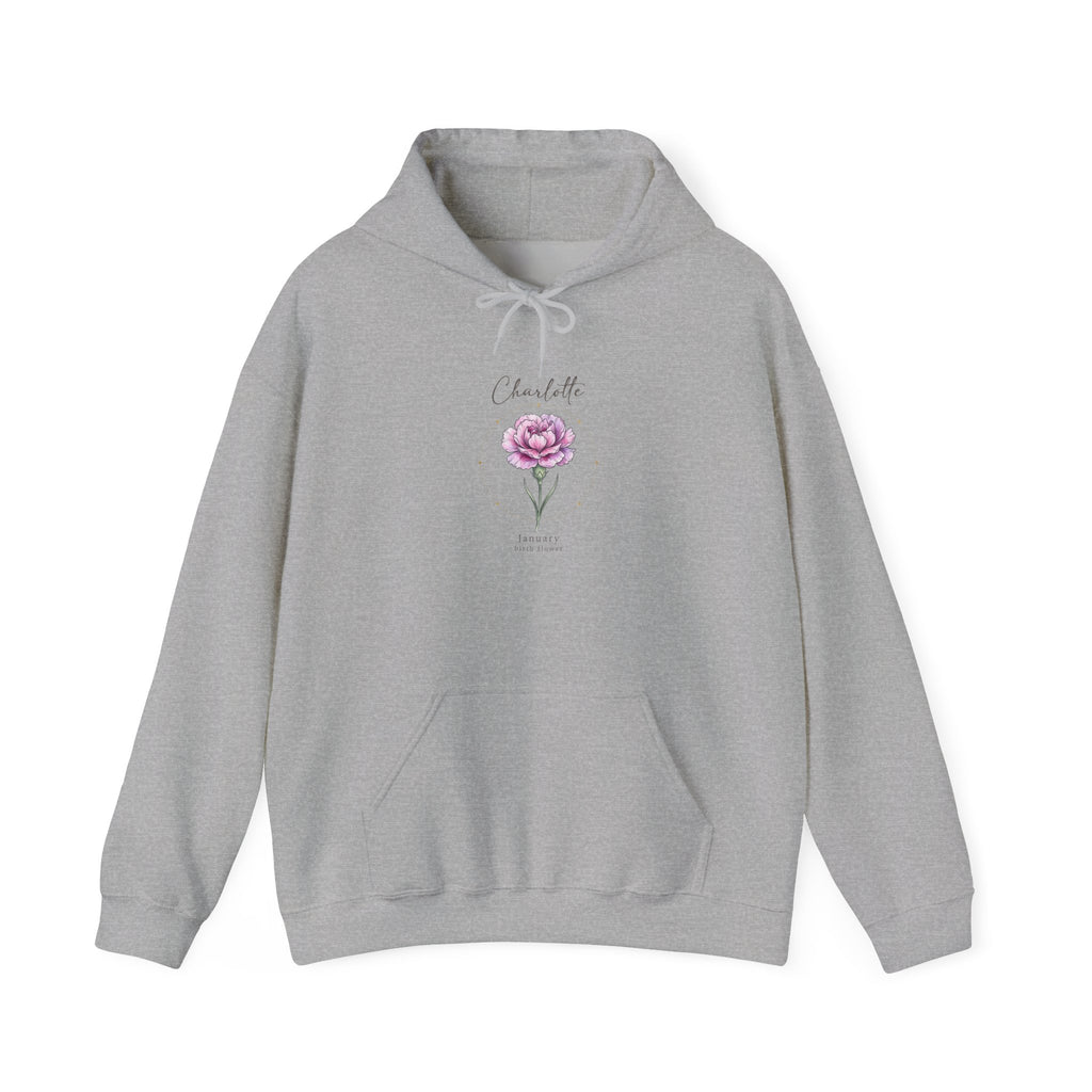 June Carnation Birth Flower Hoodie | Botanical Watercolor, Personalized Name