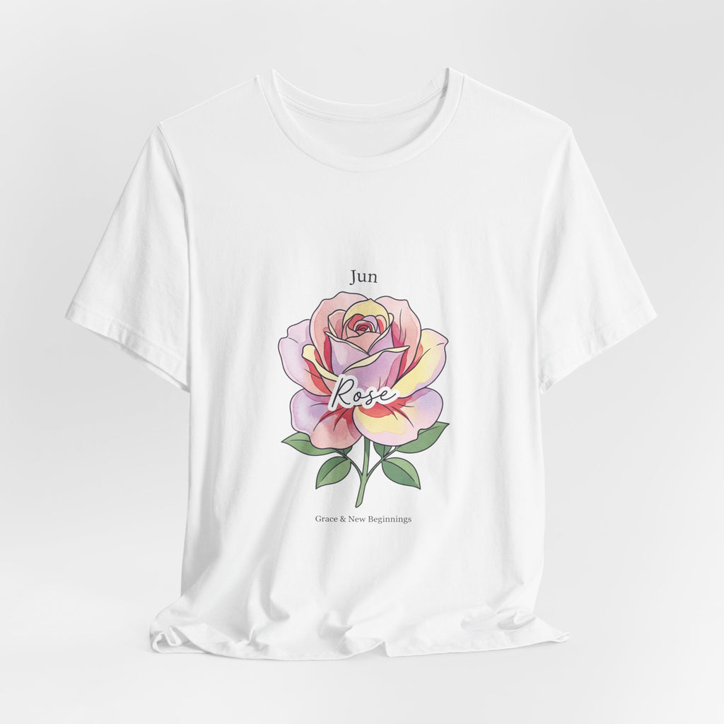 June Rose Birth Flower Tee | Botanical Watercolor, Personalized Name