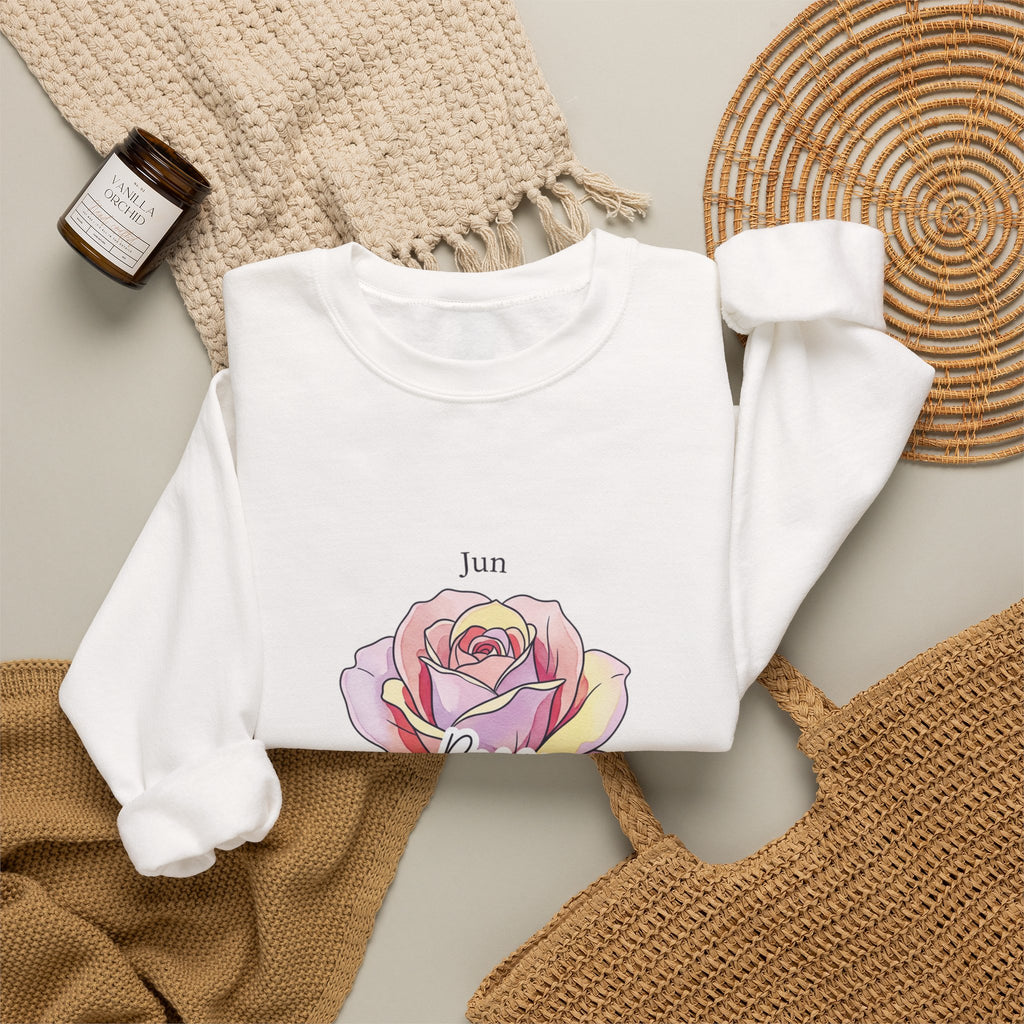 June Rose Birth Month Crewneck, Botanical Watercolor, Personalized Name