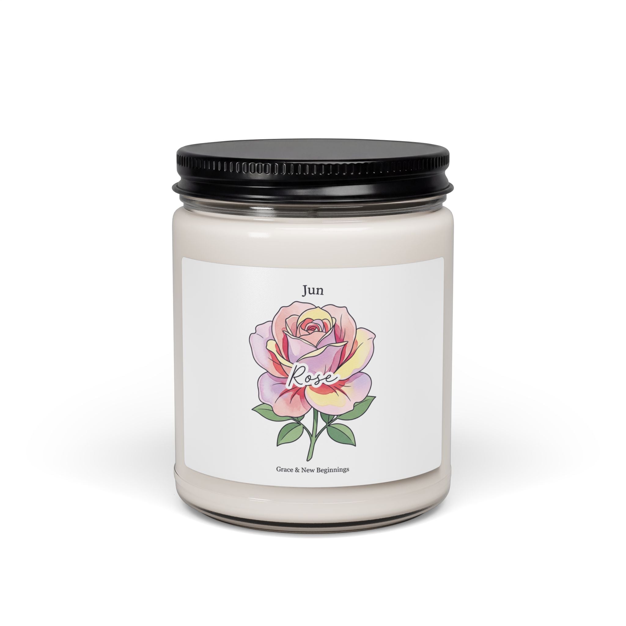 June Birth Flower Rose Soy Candle, Personalized Botanical, Watercolor Label
