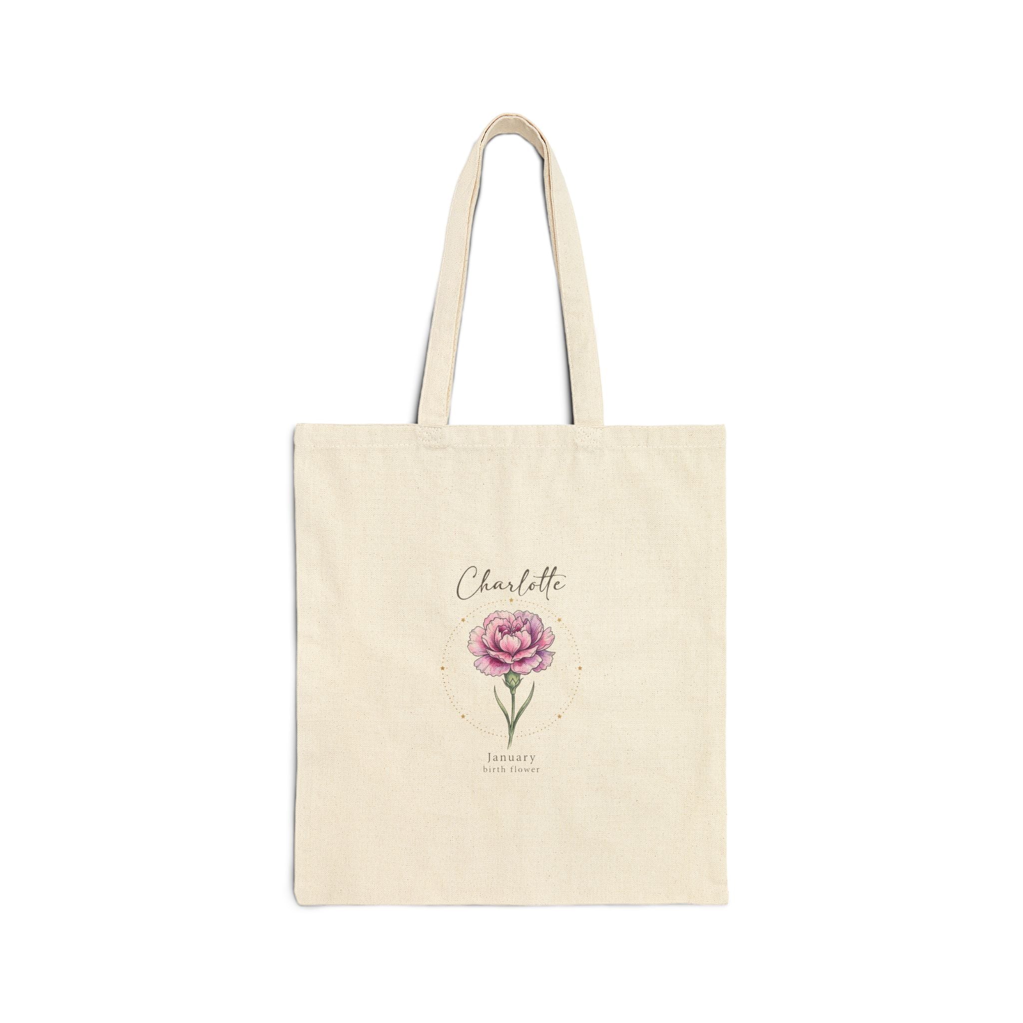 Birth Month Flower Tote, Personalized Botanical Watercolor, Custom Name Cotton Canvas