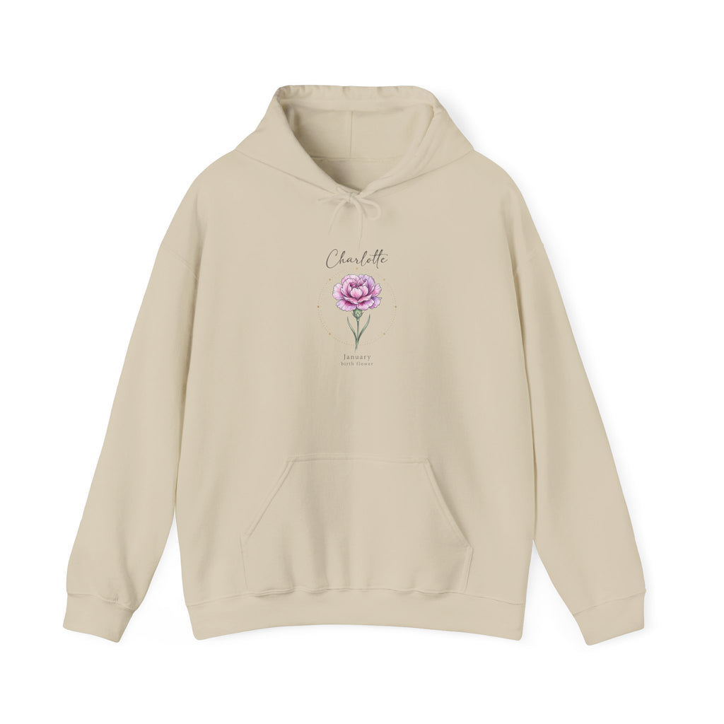 June Carnation Birth Flower Hoodie | Botanical Watercolor, Personalized Name