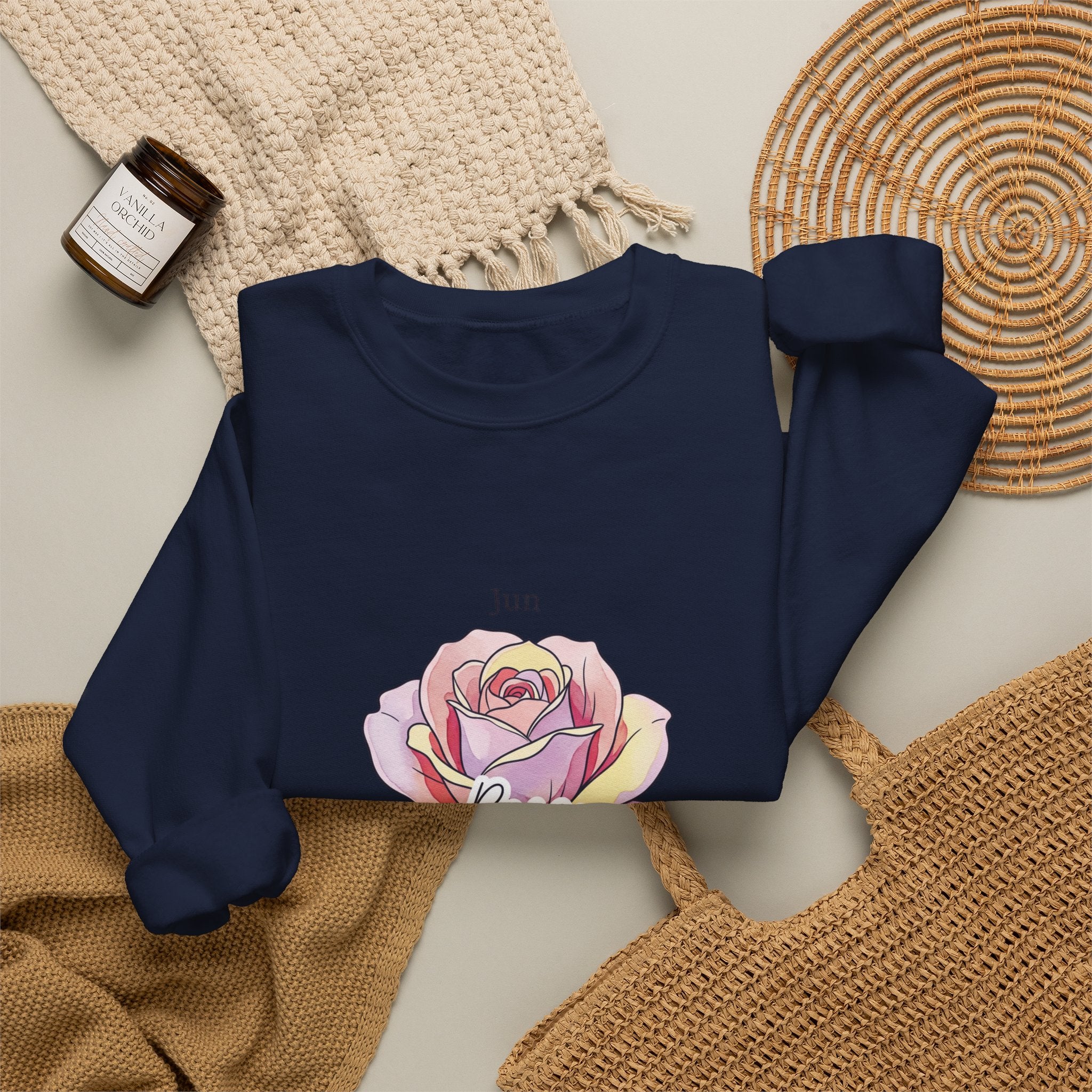 June Rose Birth Month Crewneck, Botanical Watercolor, Personalized Name