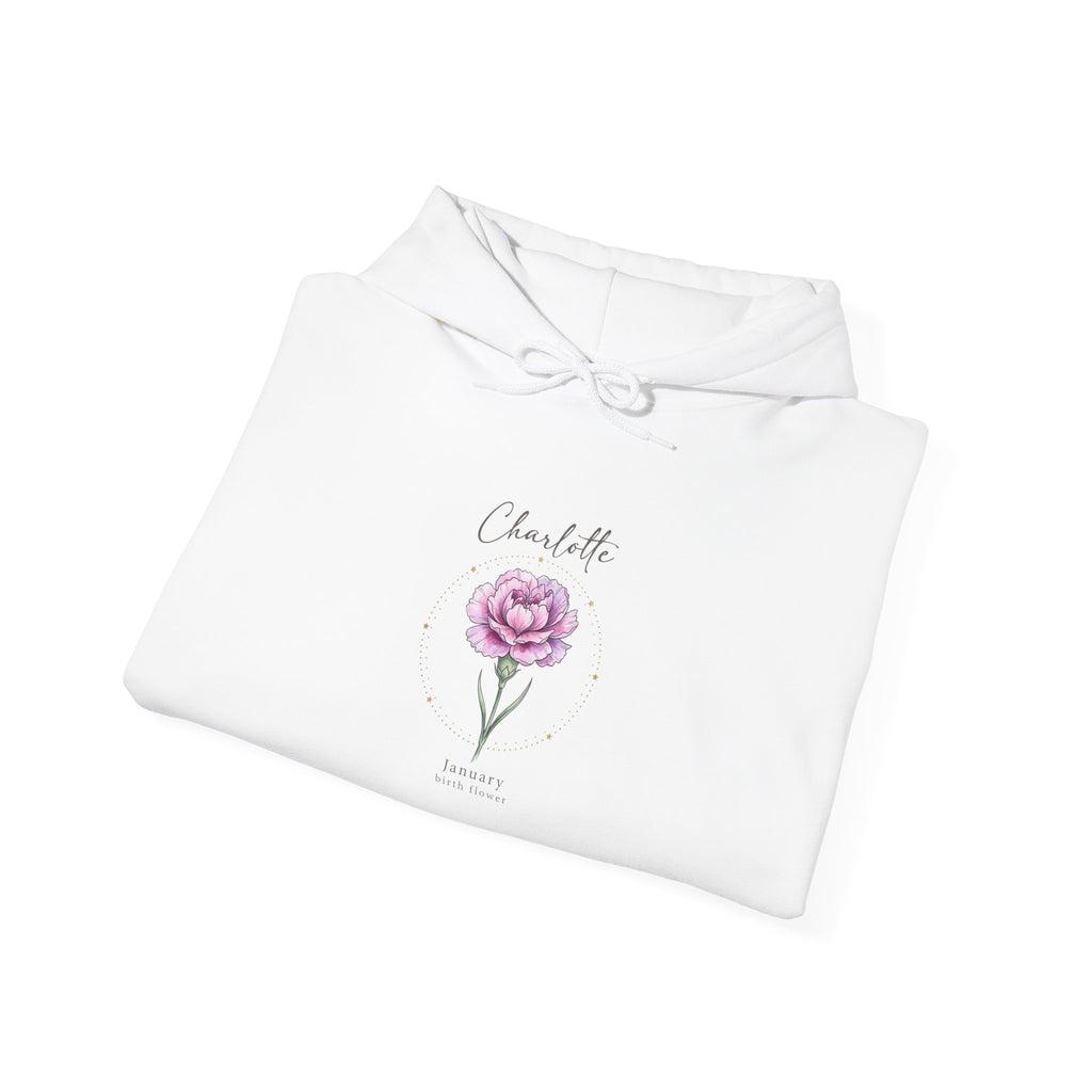 June Carnation Birth Flower Hoodie | Botanical Watercolor, Personalized Name