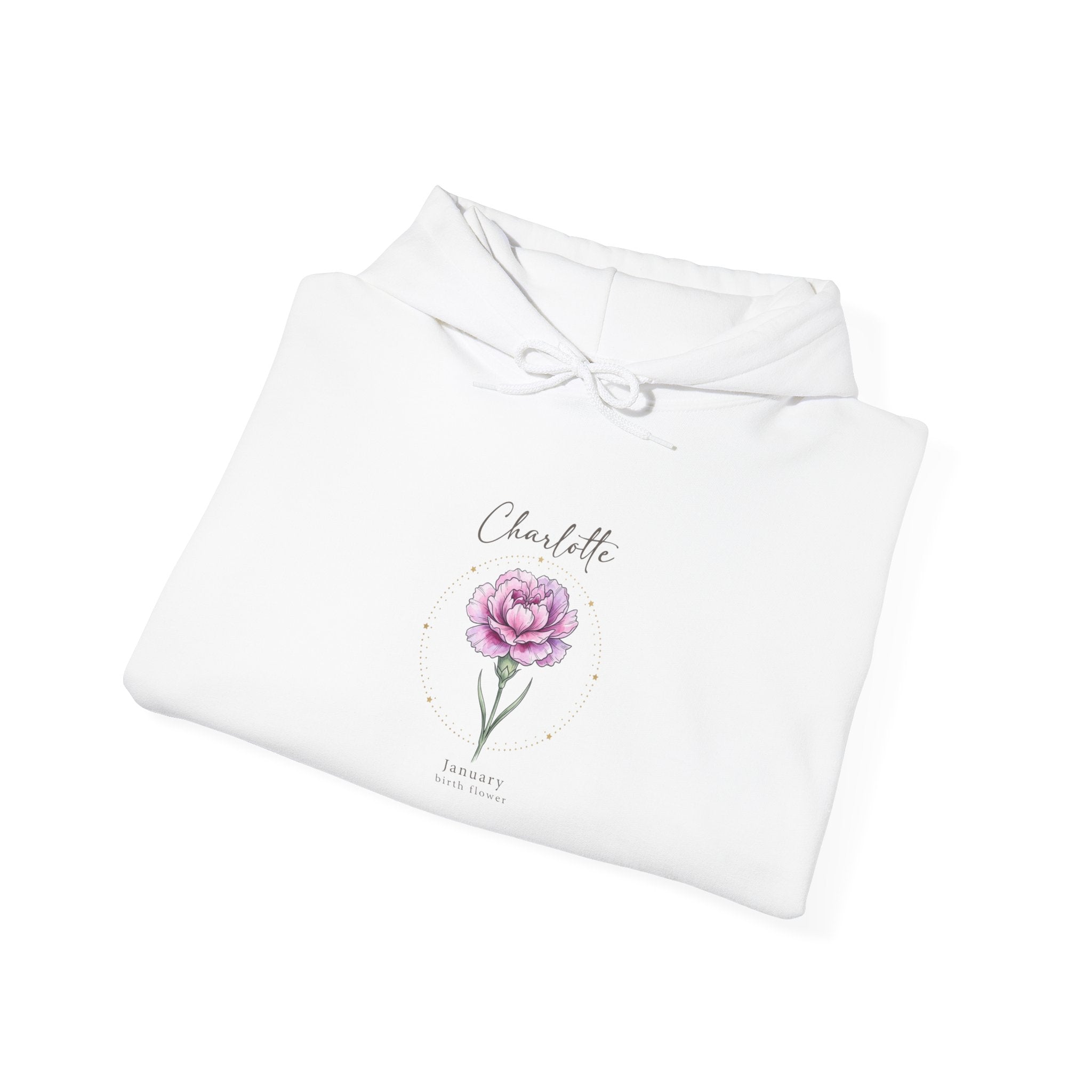 June Carnation Birth Flower Hoodie | Botanical Watercolor, Personalized Name