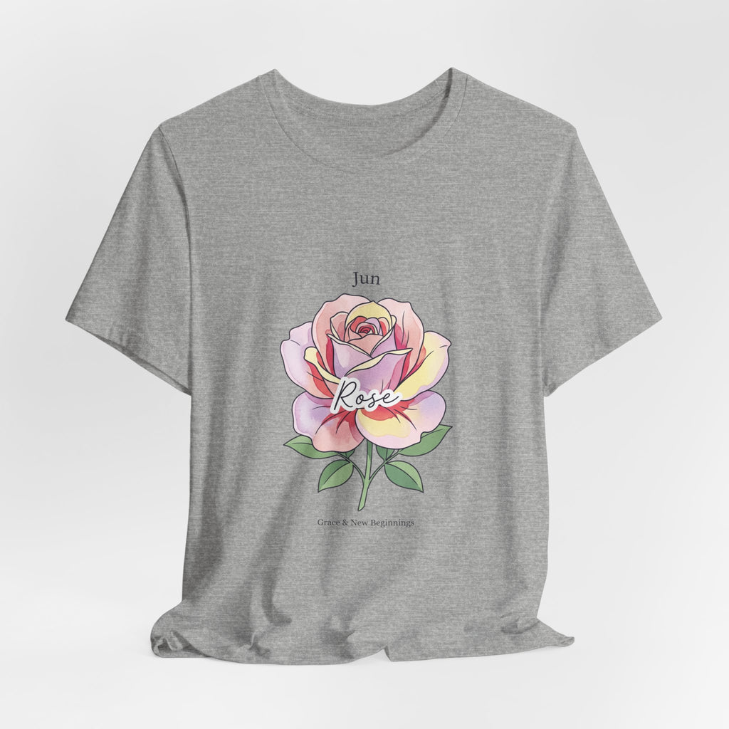 June Rose Birth Flower Tee | Botanical Watercolor, Personalized Name