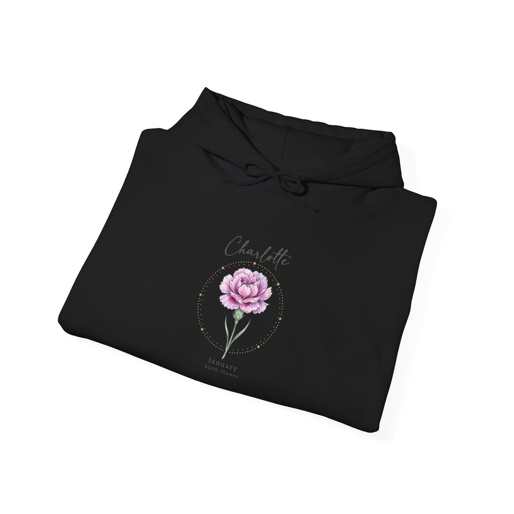 June Carnation Birth Flower Hoodie | Botanical Watercolor, Personalized Name