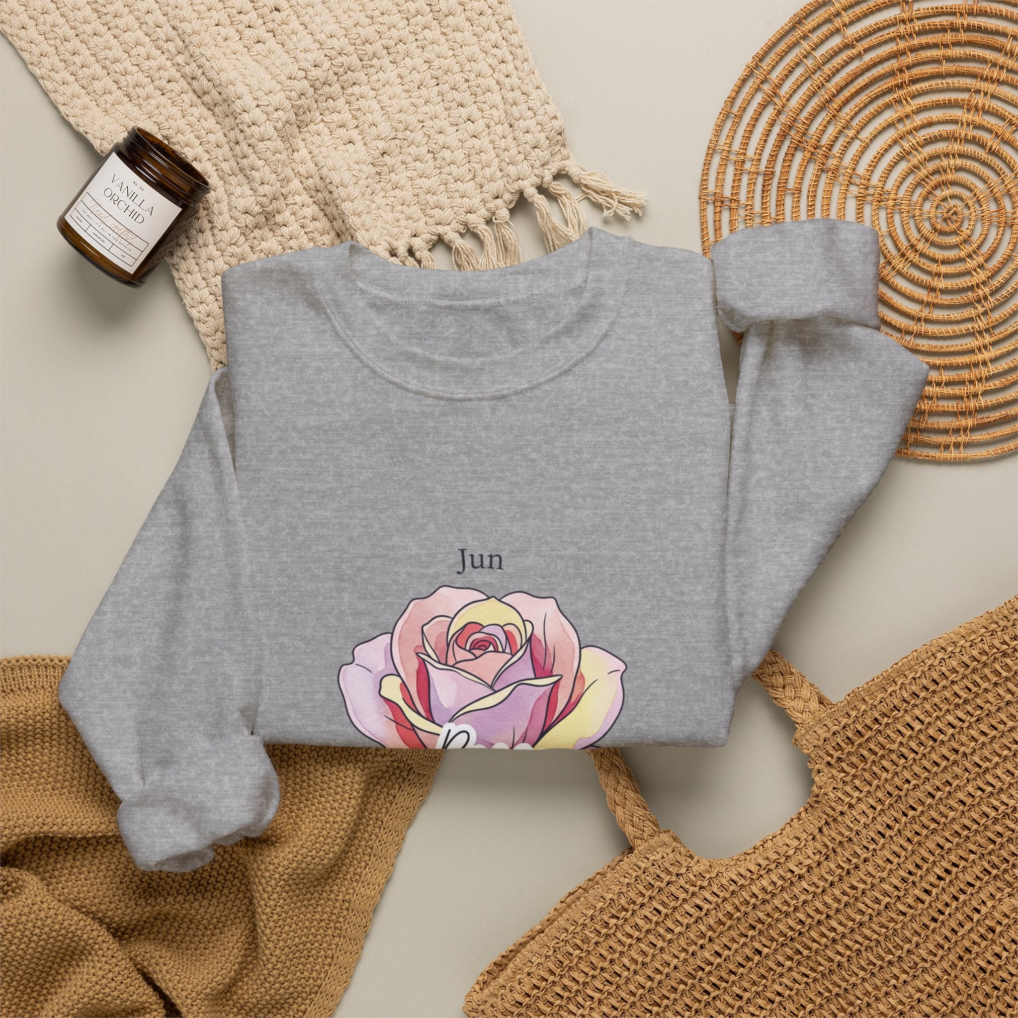June Rose Birth Month Crewneck, Botanical Watercolor, Personalized Name