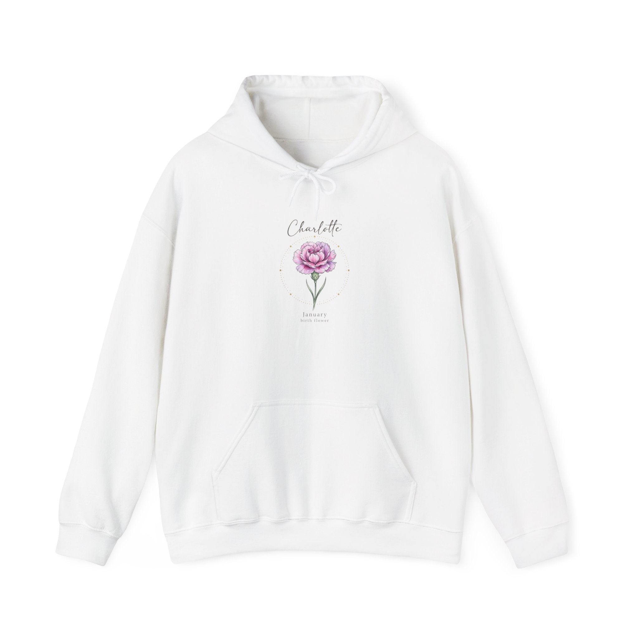 June Carnation Birth Flower Hoodie | Botanical Watercolor, Personalized Name
